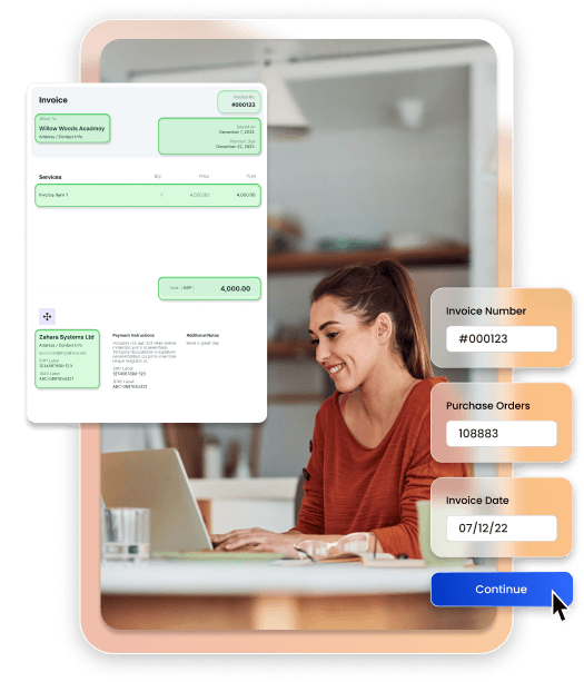 A happy woman using Zahara invoice processing software